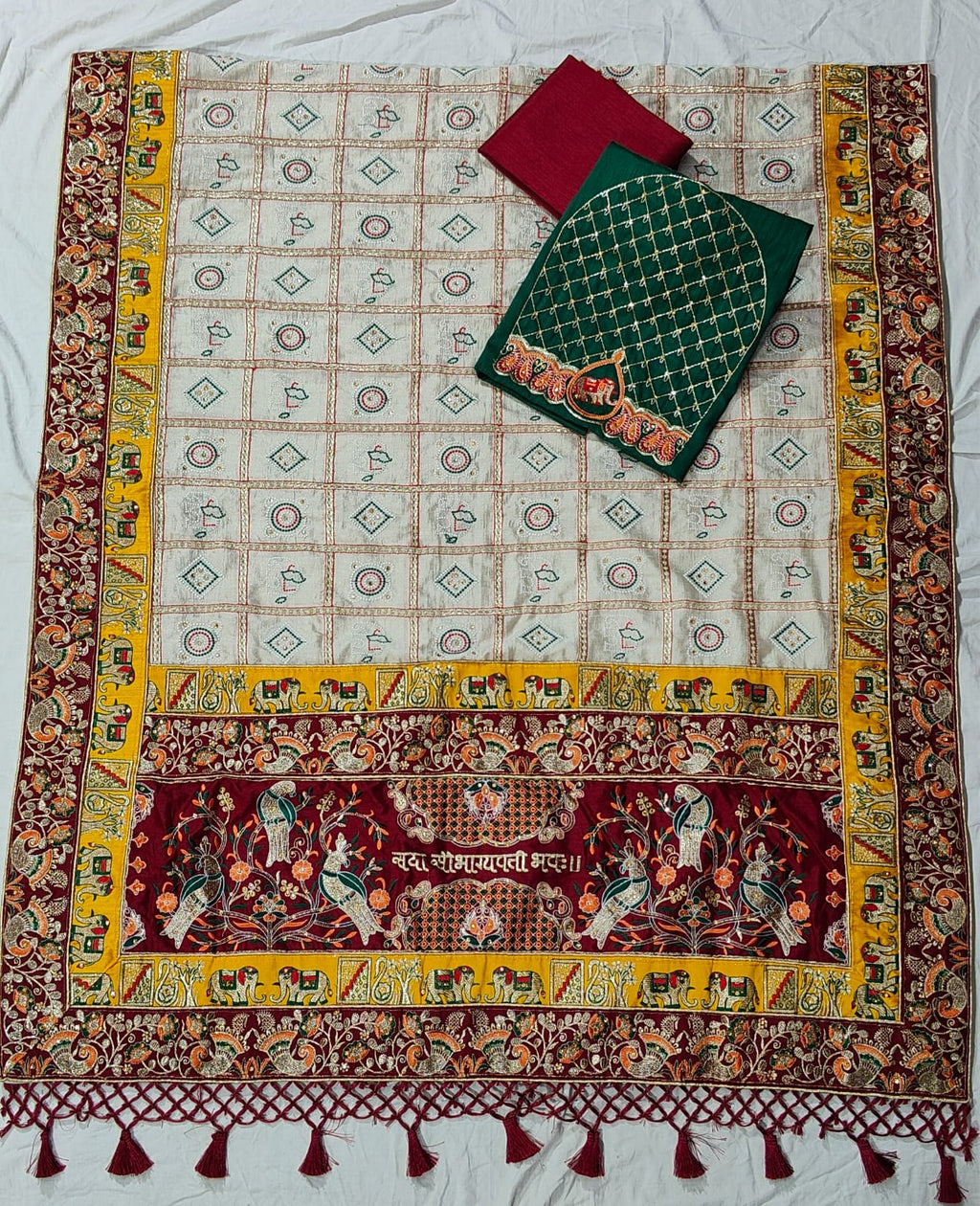 Premium Soft Silk Kusum Off White Maroon Patola Saree With Saubhagyavati Bhava Border