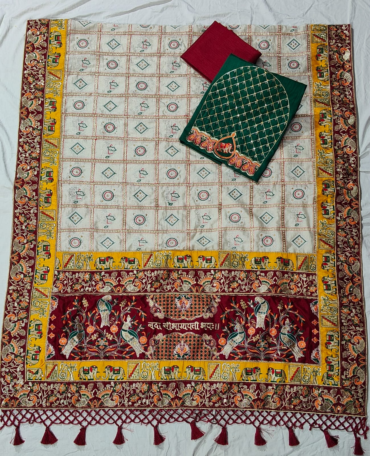 Premium Soft Silk Kusum Off White Maroon Patola Saree With Saubhagyavati Bhava Border