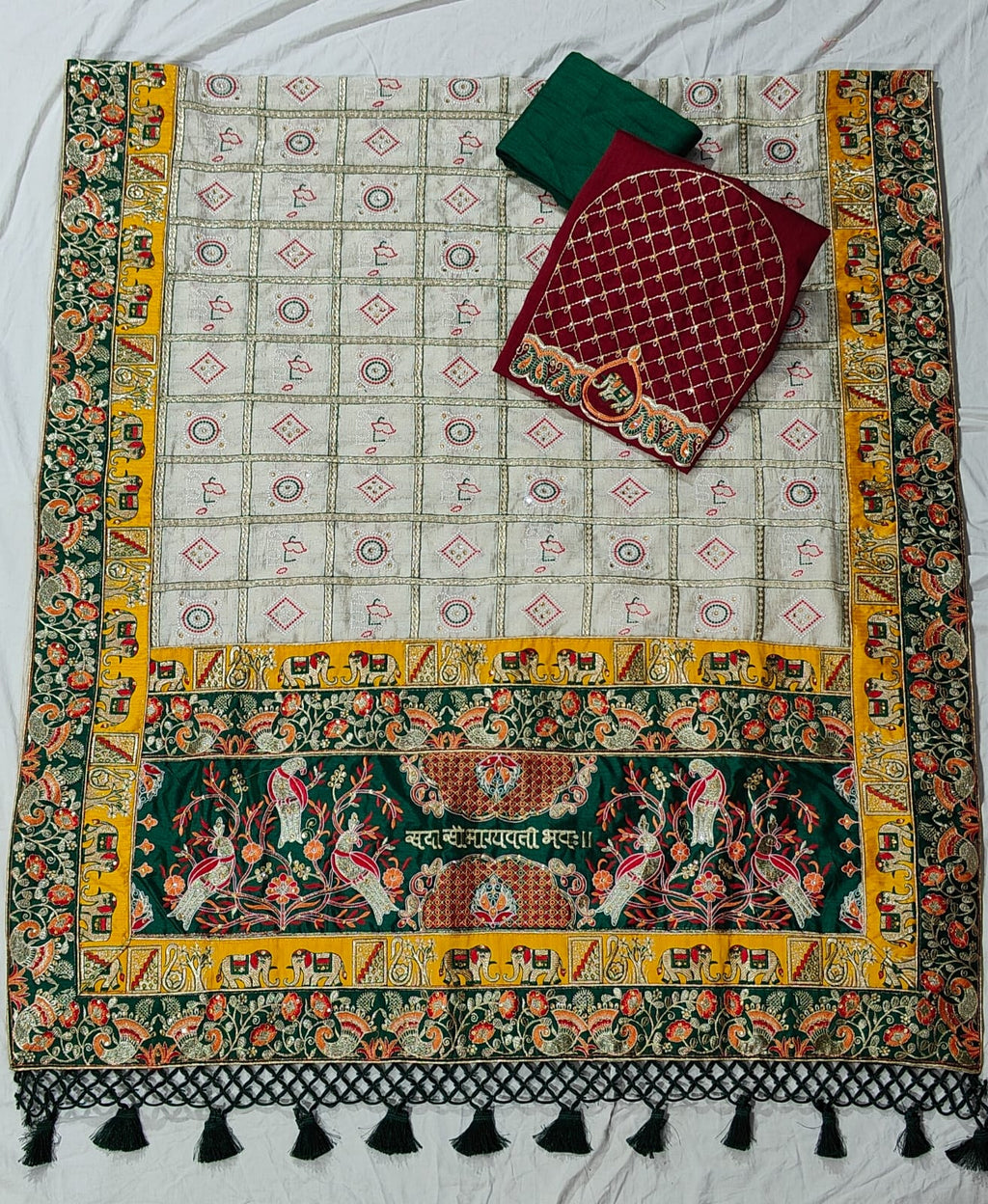 Kusum Premium Soft Silk Off White Green Patola Saree With Saubhagyavati Bhava Border