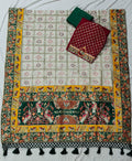 Kusum Premium Soft Silk Off White Green Patola Saree With Saubhagyavati Bhava Border