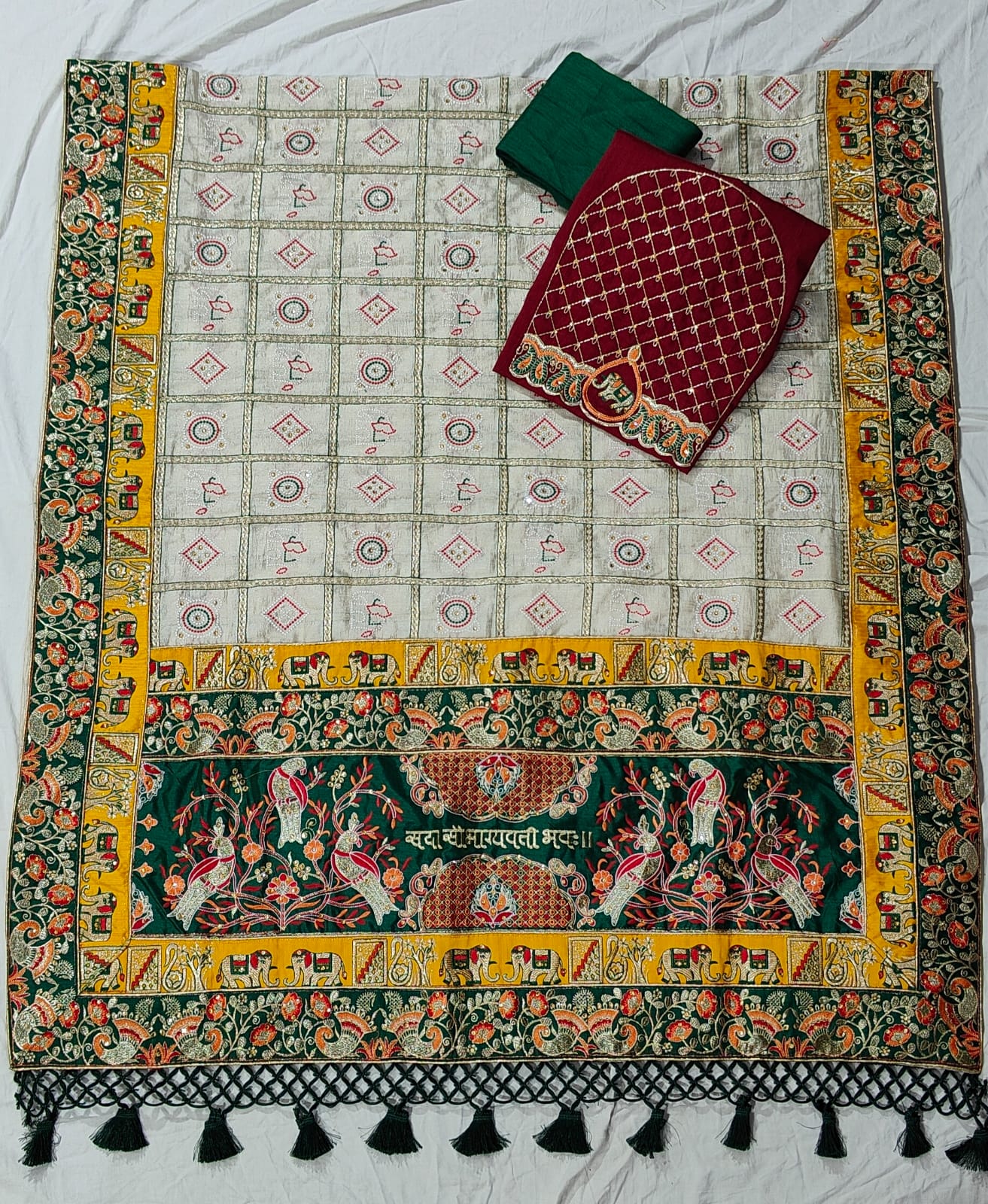 Kusum Premium Soft Silk Off White Green Patola Saree With Saubhagyavati Bhava Border