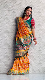 Kusum Sada Saubhagyavati Bhava Wedding Saree – Vibrant Orange-Yellow & Green