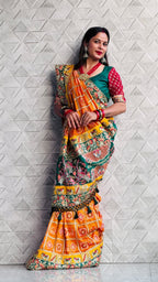 Kusum Sada Saubhagyavati Bhava Wedding Saree – Vibrant Orange-Yellow & Green