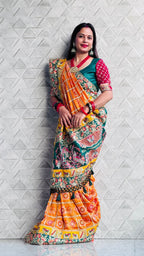 Kusum Sada Saubhagyavati Bhava Wedding Saree – Vibrant Orange-Yellow & Green