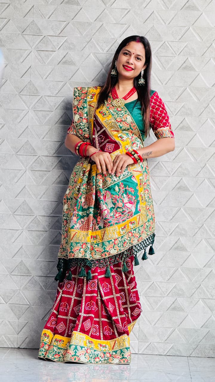 Kusum Maroon Sada Saubhagyavati Bhava Patola Saree – Heavy Embroidery & Designer Blouse