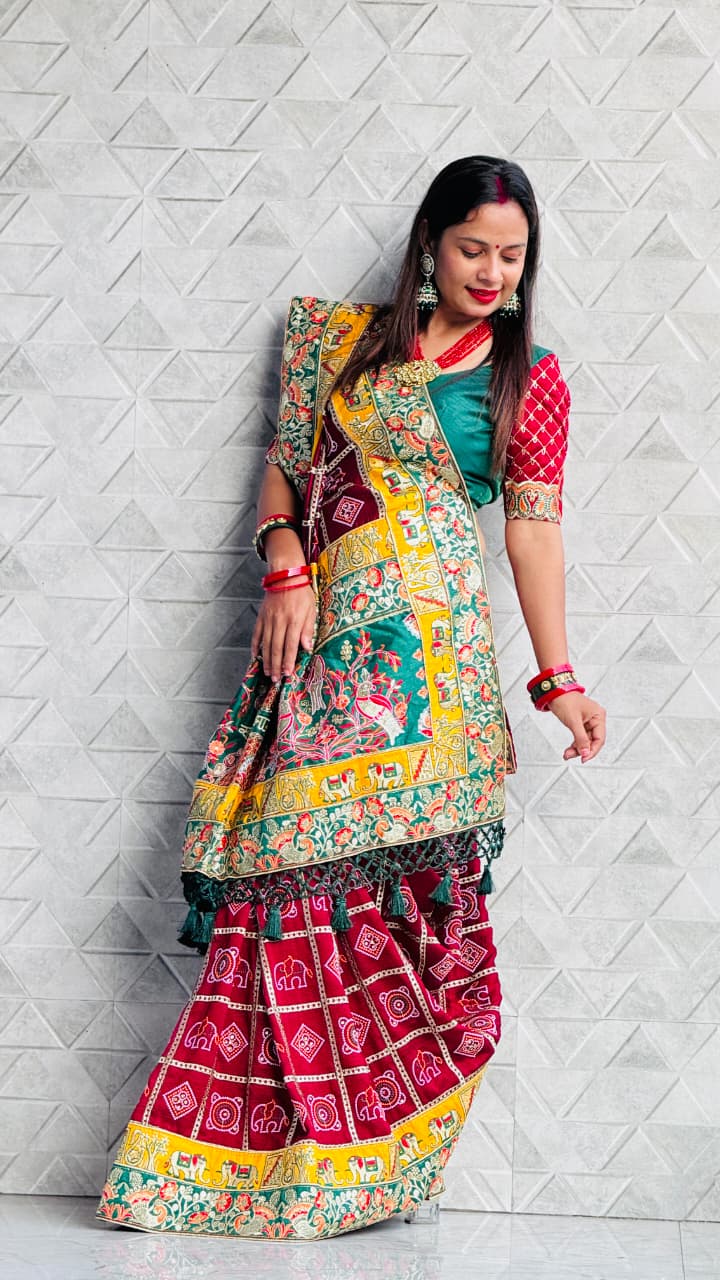 Kusum Maroon Sada Saubhagyavati Bhava Patola Saree – Heavy Embroidery & Designer Blouse