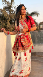 Tulsi Vat Savitri Special: White Heavy Vichitra Silk Saree with Narrative Palla Embroidery, Lace Border & Latkan Tassels