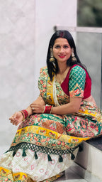 Kusum Premium Soft Silk Off White Green Patola Saree With Saubhagyavati Bhava Border
