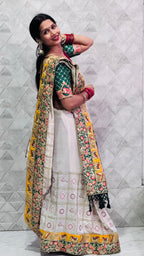 Kusum Premium Soft Silk Off White Green Patola Saree With Saubhagyavati Bhava Border