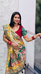 Kusum Premium Soft Silk Off White Green Patola Saree With Saubhagyavati Bhava Border