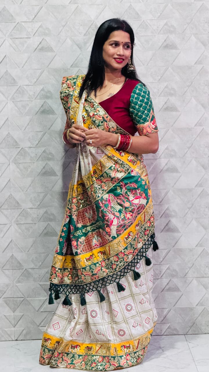 Kusum Premium Soft Silk Off White Green Patola Saree With Saubhagyavati Bhava Border