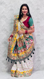 Kusum Premium Soft Silk Off White Green Patola Saree With Saubhagyavati Bhava Border