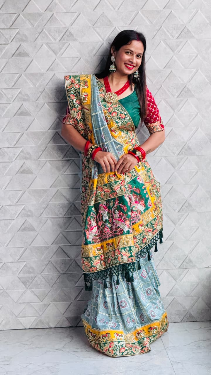 Kusum Dark Pastel Moonstone Blue Sada Saubhagyavati Bhava Wedding Patola Saree
