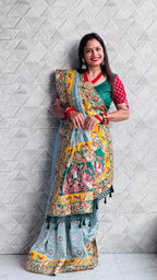 Kusum Dark Pastel Moonstone Blue Sada Saubhagyavati Bhava Wedding Patola Saree