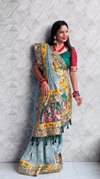 Kusum Dark Pastel Moonstone Blue Sada Saubhagyavati Bhava Wedding Patola Saree
