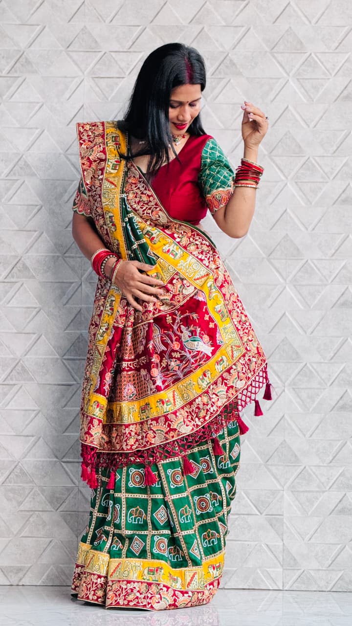 Kusum Green Sada Saubhagyavati Bhava Patola Saree – Heavy Embroidery & Designer Blouse