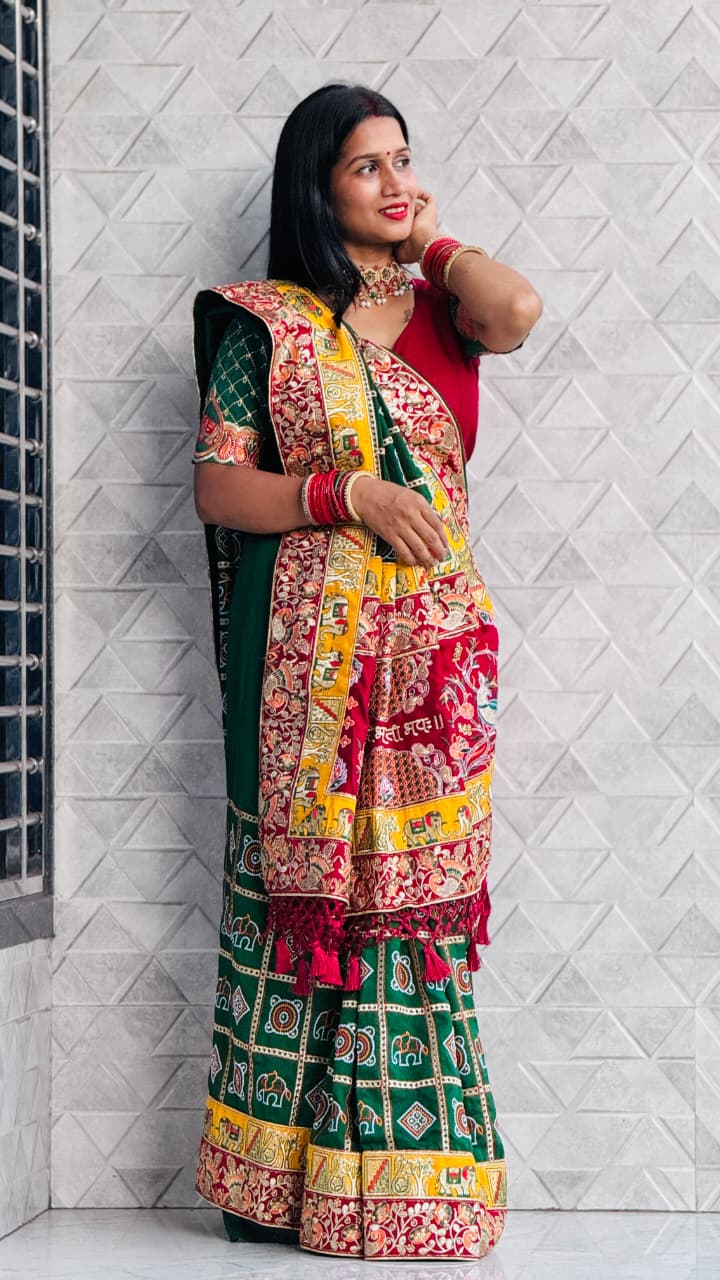 Kusum Green Sada Saubhagyavati Bhava Patola Saree – Heavy Embroidery & Designer Blouse