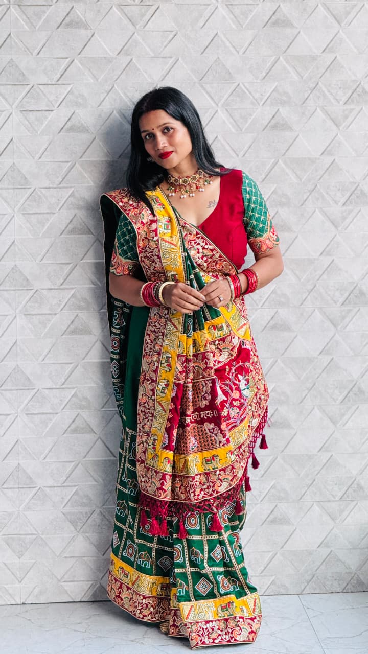 Kusum Green Sada Saubhagyavati Bhava Patola Saree – Heavy Embroidery & Designer Blouse