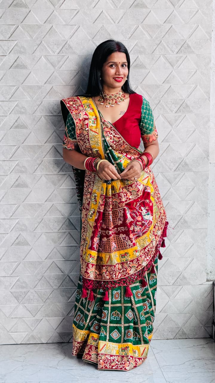 Kusum Green Sada Saubhagyavati Bhava Patola Saree – Heavy Embroidery & Designer Blouse
