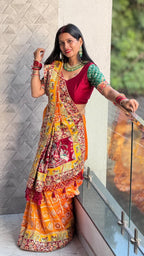 Kusum Sada Saubhagyavati Bhava Wedding Saree – Vibrant Orange-Yellow & Maroon