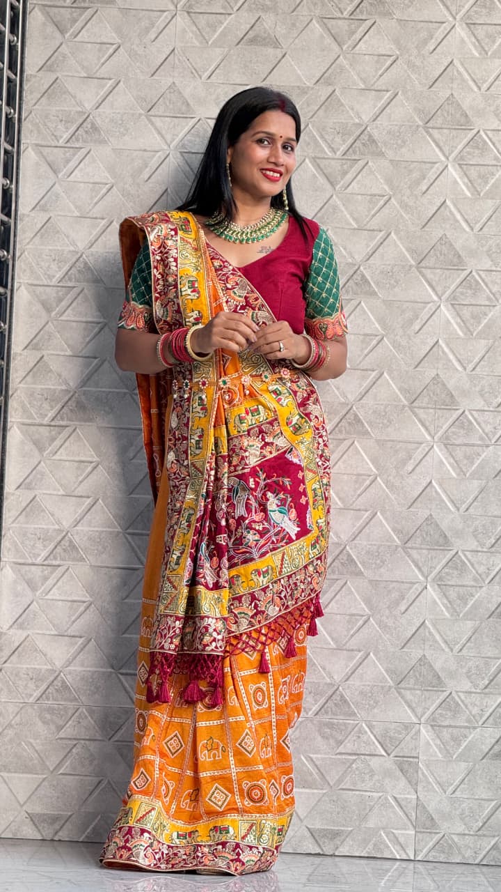 Kusum Sada Saubhagyavati Bhava Wedding Saree – Vibrant Orange-Yellow & Maroon