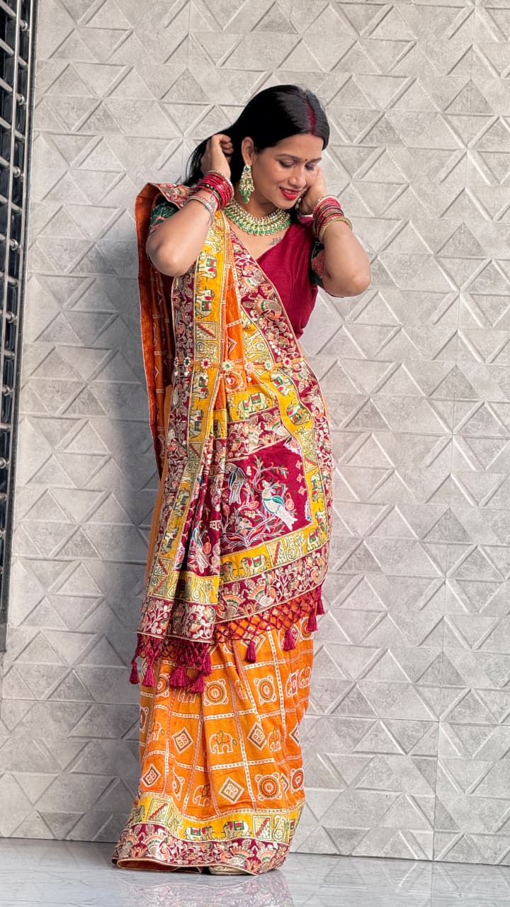 Kusum Sada Saubhagyavati Bhava Wedding Saree – Vibrant Orange-Yellow & Maroon