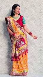 Kusum Sada Saubhagyavati Bhava Wedding Saree – Vibrant Orange-Yellow & Maroon