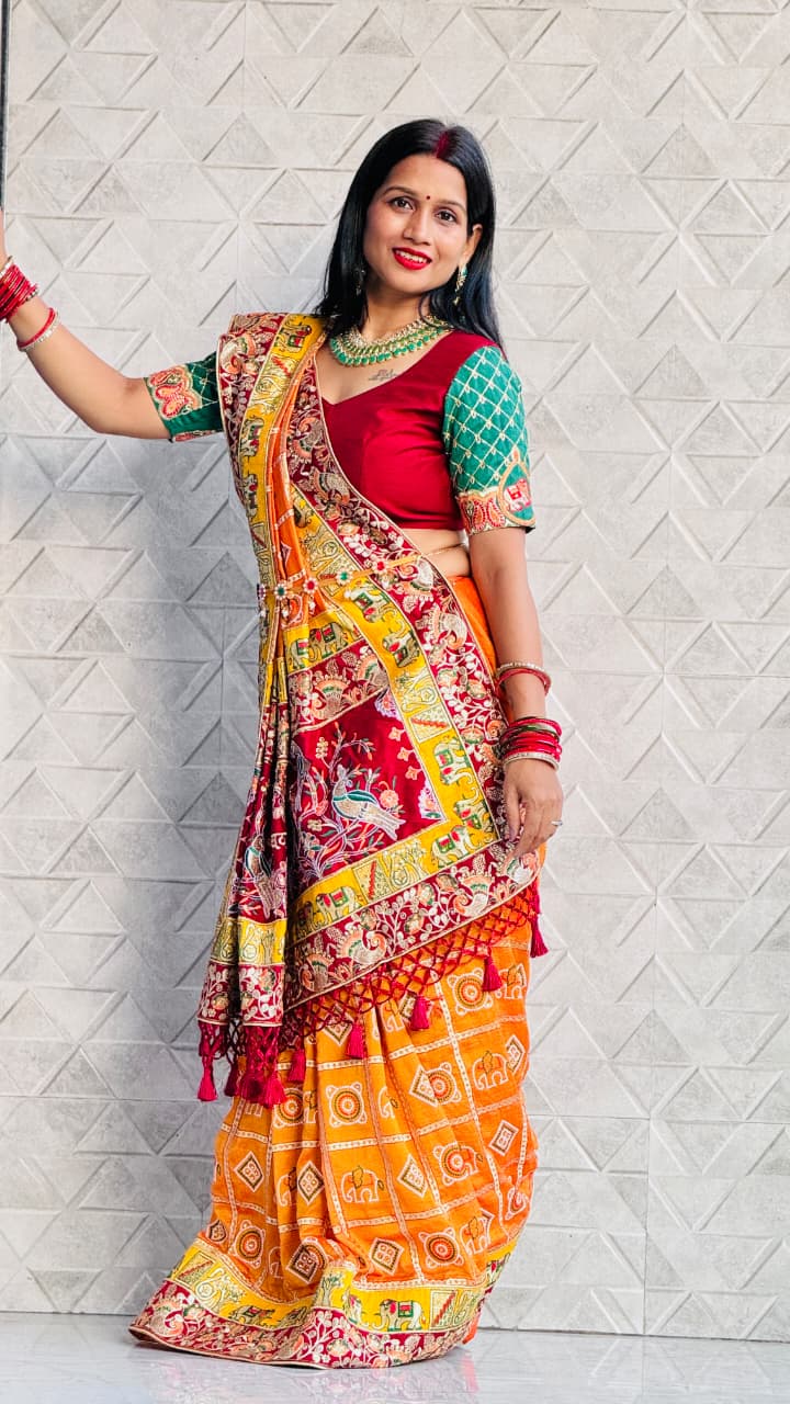 Kusum Sada Saubhagyavati Bhava Wedding Saree – Vibrant Orange-Yellow & Maroon