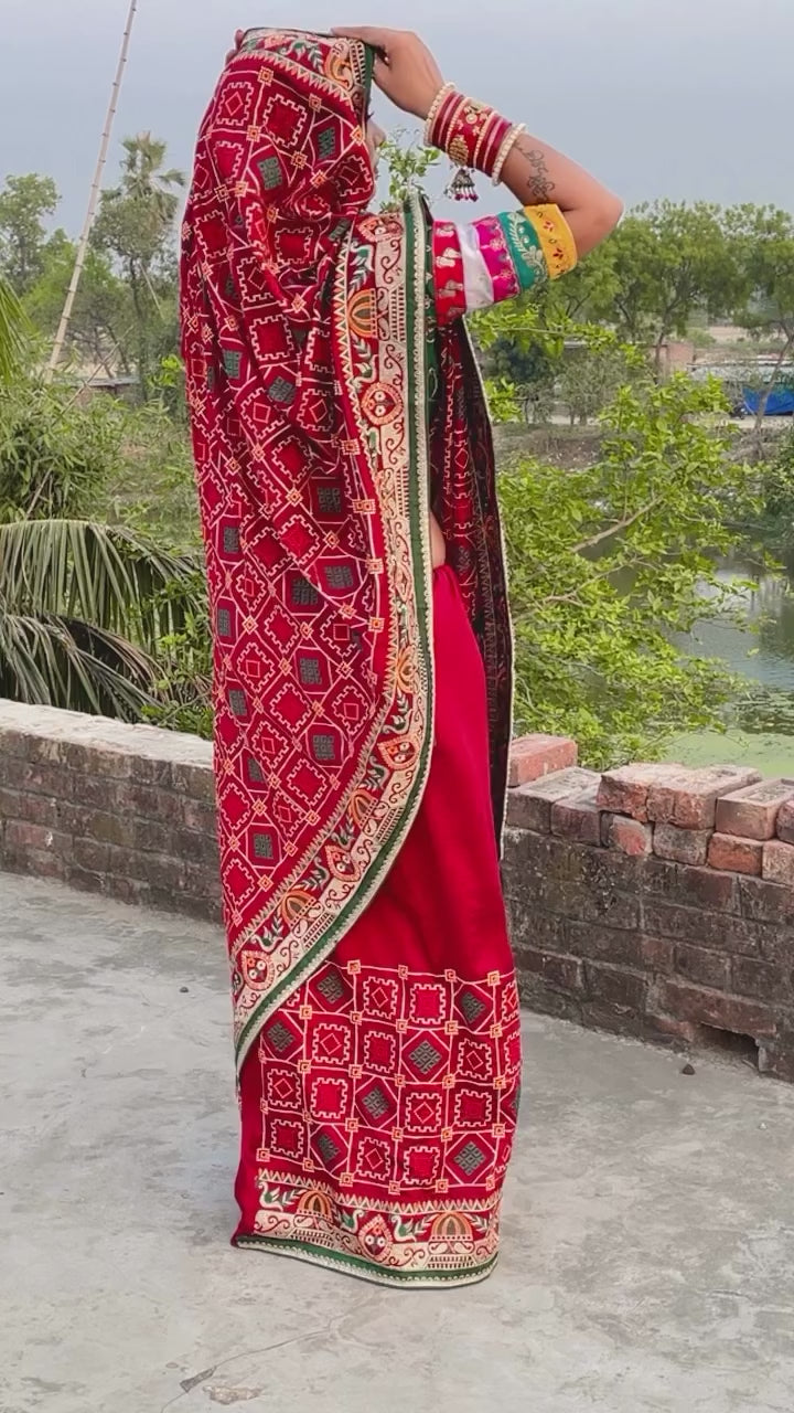 Elegant Crimson Maroon Heavy Soft Silk Saree with "Shubh Laabh" Embroidery & Bottle Green Designer Blouse