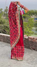 Elegant Crimson Maroon Heavy Soft Silk Saree with "Shubh Laabh" Embroidery & Bottle Green Designer Blouse