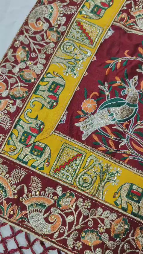 Kusum Sada Saubhagyavati Bhava Wedding Saree – Vibrant Orange-Yellow & Maroon