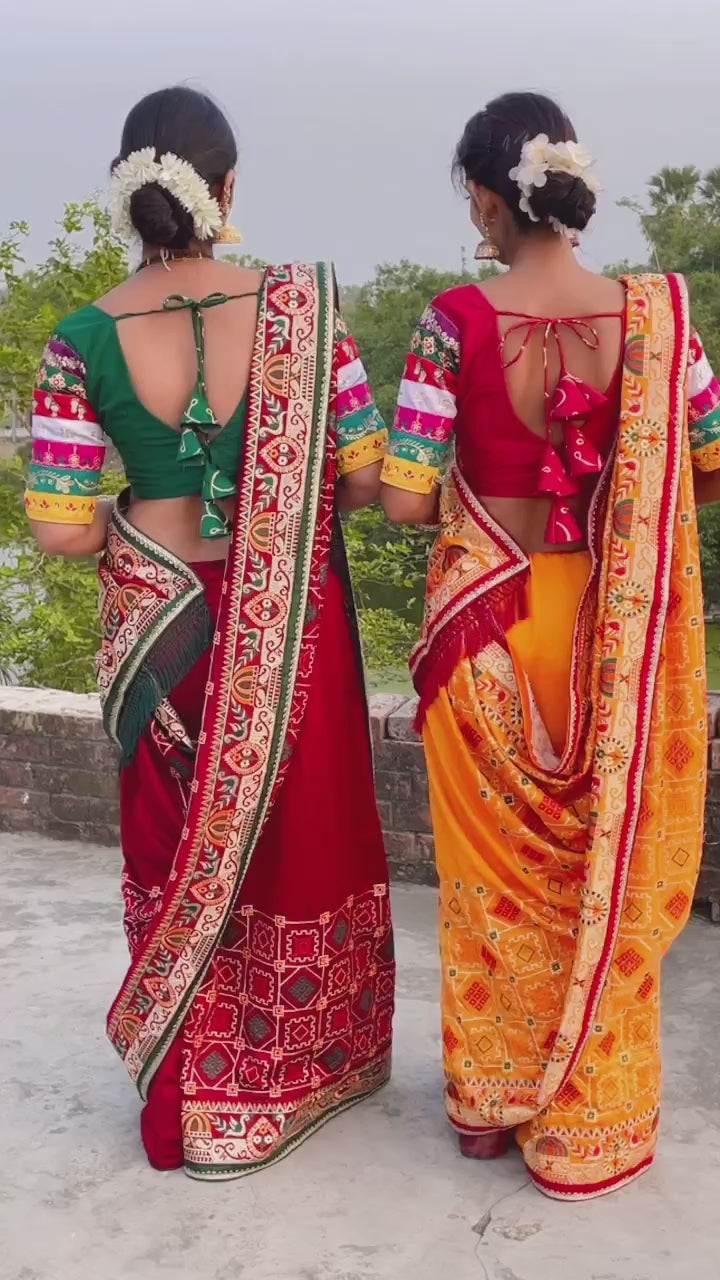 Radiant Golden Yellow Heavy Soft Silk Saree with "Shubh Laabh" Embroidery & Maroon Designer Blouse