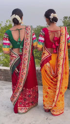 Radiant Golden Yellow Heavy Soft Silk Saree with "Shubh Laabh" Embroidery & Maroon Designer Blouse