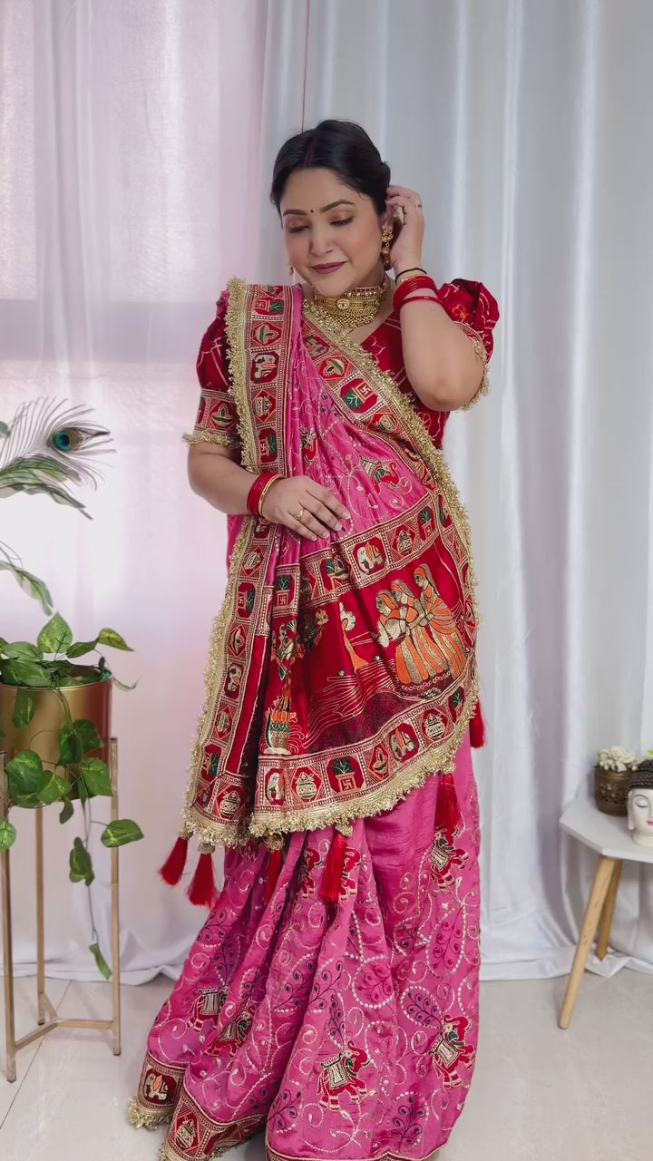 Tulsi Vat Savitri Special: Pink Vichitra Silk Saree with Narrative Embroidery & Latkan Tassels