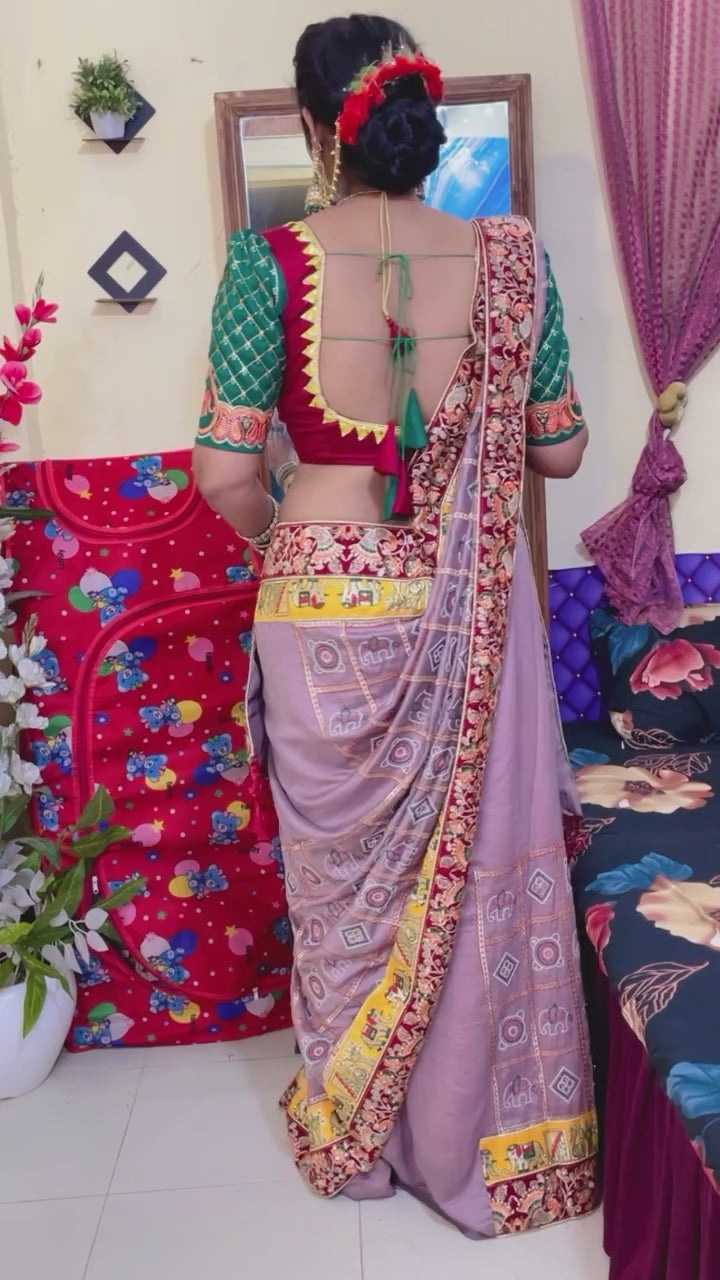 Kusum Lavender Soft Silk Sada Saubhagyavati Bhava Wedding Patola Saree