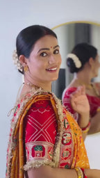 Tulsi Vat Savitri Special: Orange Yellow Vichitra Silk Saree with Narrative Embroidery & Latkan Tassels