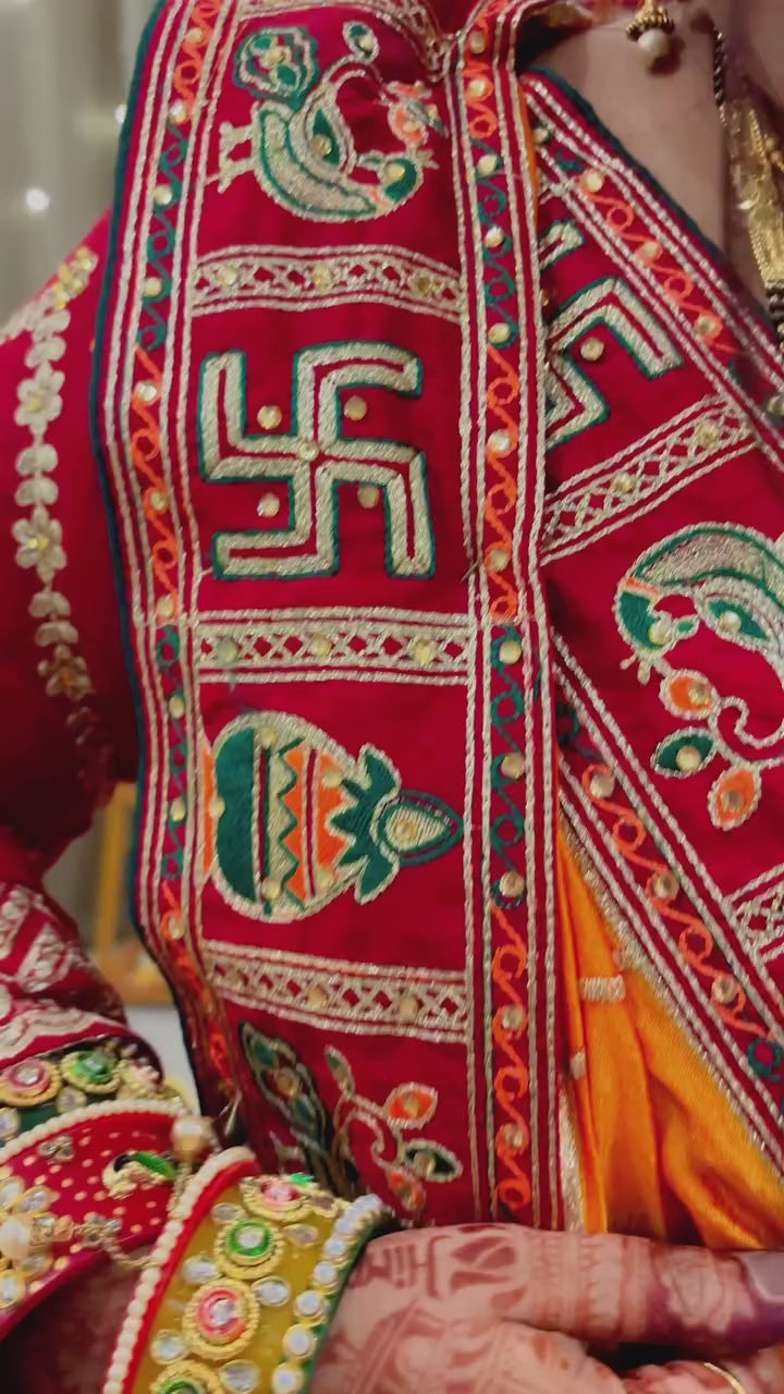 "Sada Saubhagyavati" Orange Yellow & Maroon Soft Silk Saree with Royal Doli & Elephant Pallu