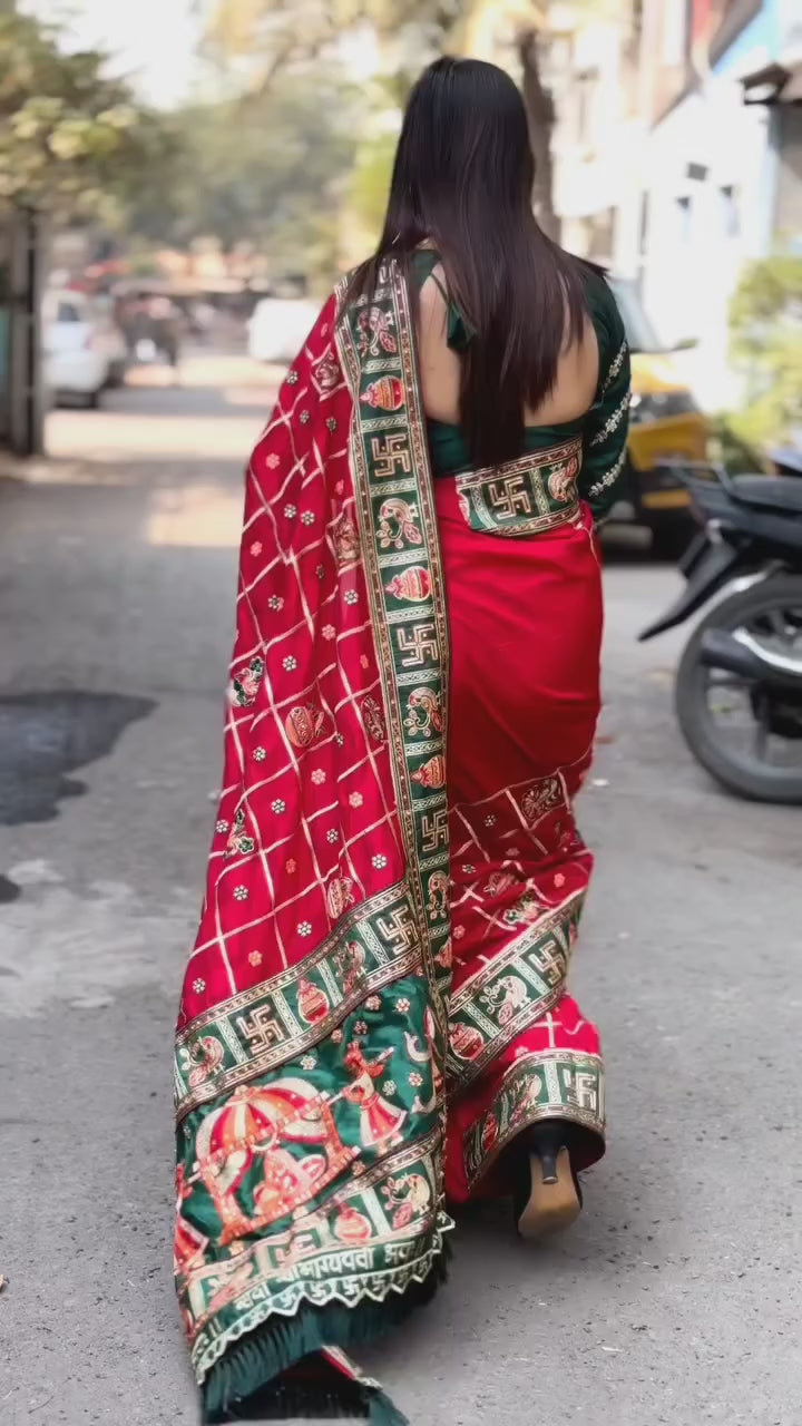 Red & Green Panetar Style Soft Silk Saree with Royal Doli Pallu – Saubhagyavati Bhava Edition