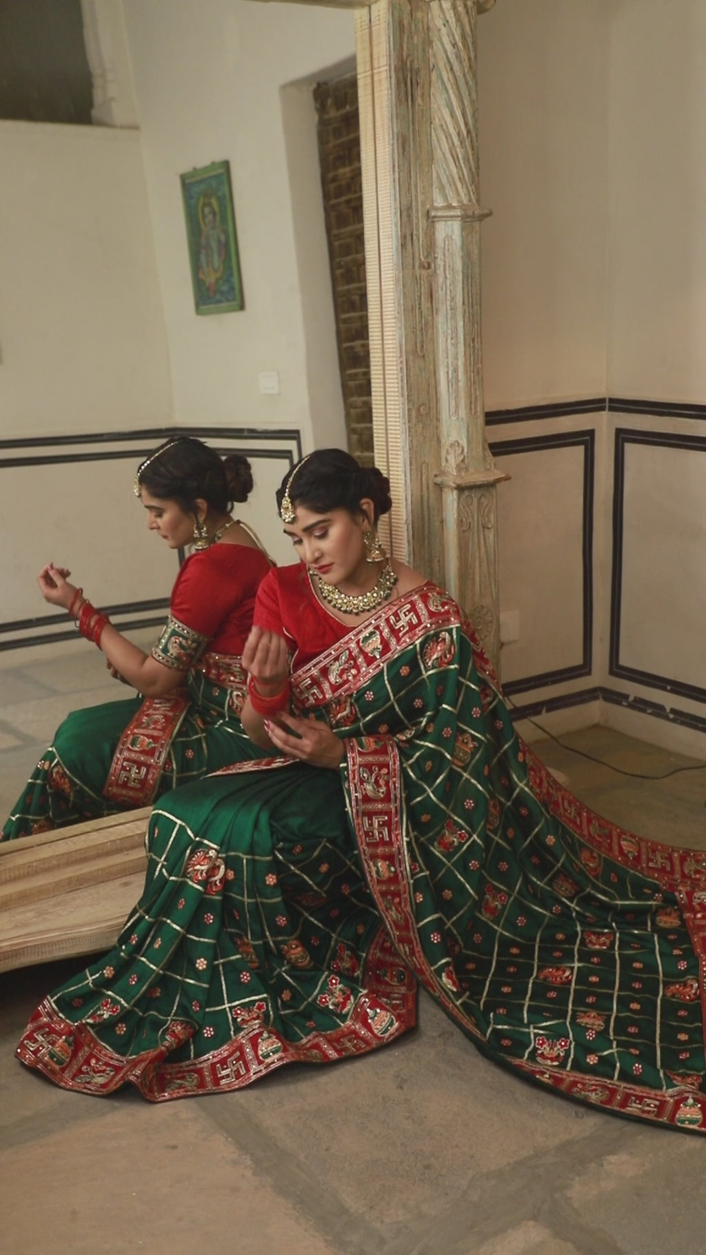 Emerald Green & Maroon Heavy Soft Silk Wedding Saree with Intricate Embroidery & Diamond Work – Kalash Collection
