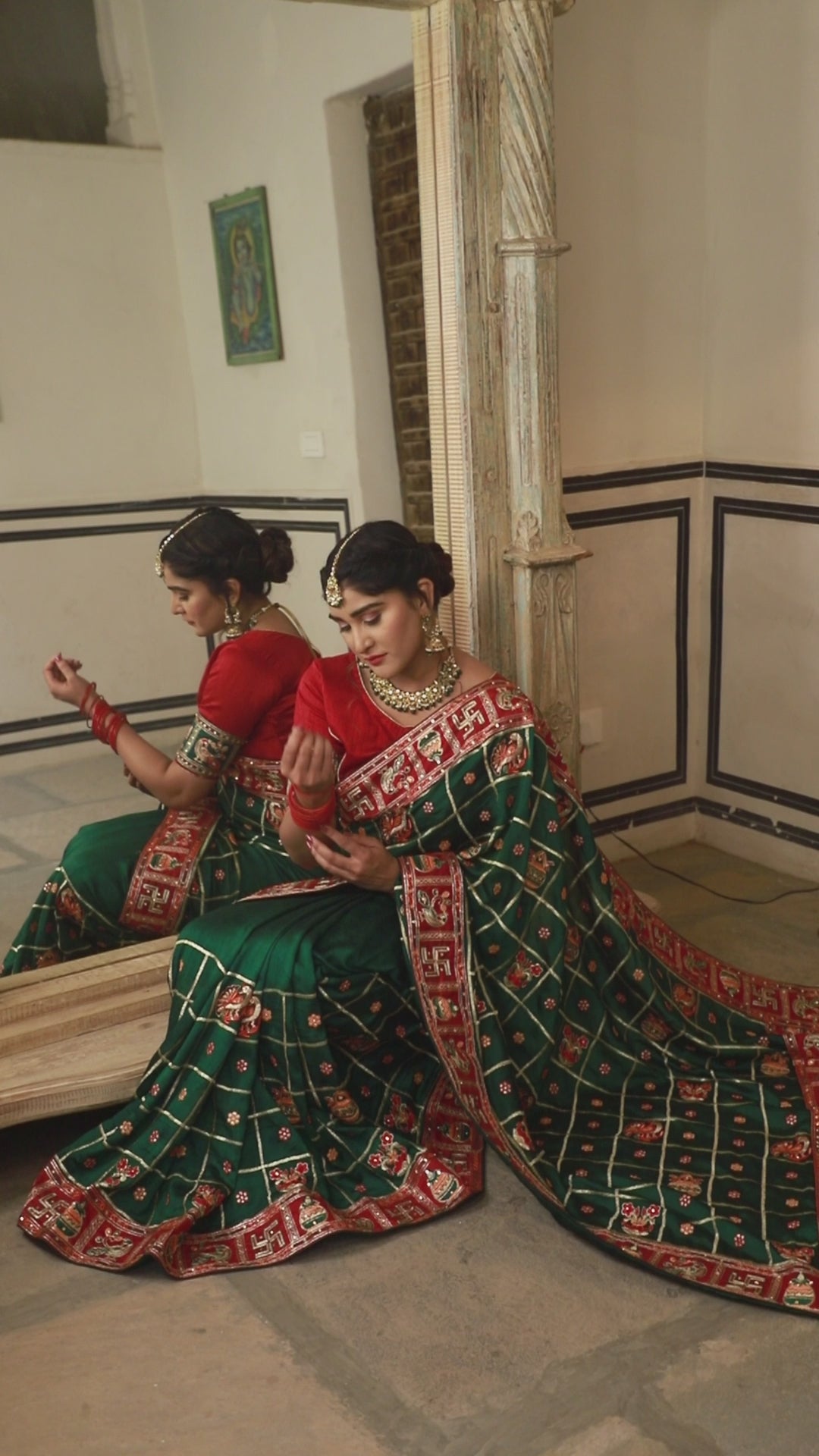 Emerald Green & Maroon Heavy Soft Silk Wedding Saree with Intricate Embroidery & Diamond Work – Kalash Collection