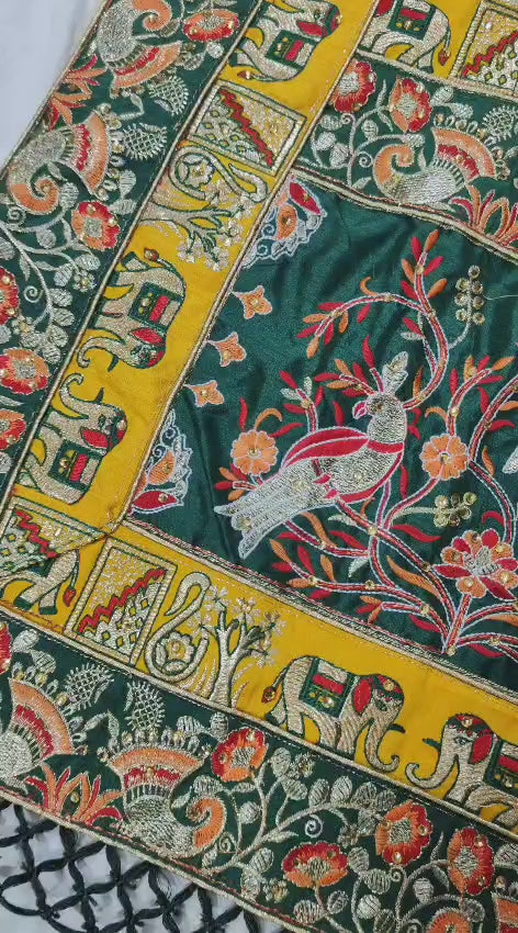 Kusum Premium Soft Silk Off White Green Patola Saree With Saubhagyavati Bhava Border